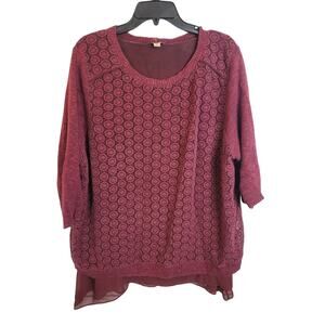 Lucky Brand‎ Burgundy Layered Lined 3/4 Sleeve Pullover Sweater Women's Size 3X